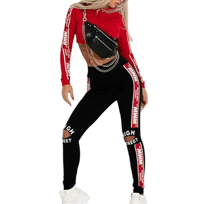 Trajes deportivos para mujer, conjuntos de pantalones con estampado de letras, sudaderas con capucha y agujeros, pantalones deportivos, trajes, ropa de Yoga, conjunto de 2 piezas, chándal