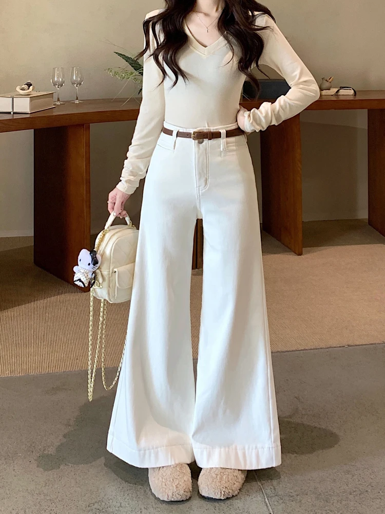 

Thiened Fce High Waist Bell Bot Jeans Women's Vintage Sle Casual Winter Slim Fit Long Pants Wide Leg Jeans