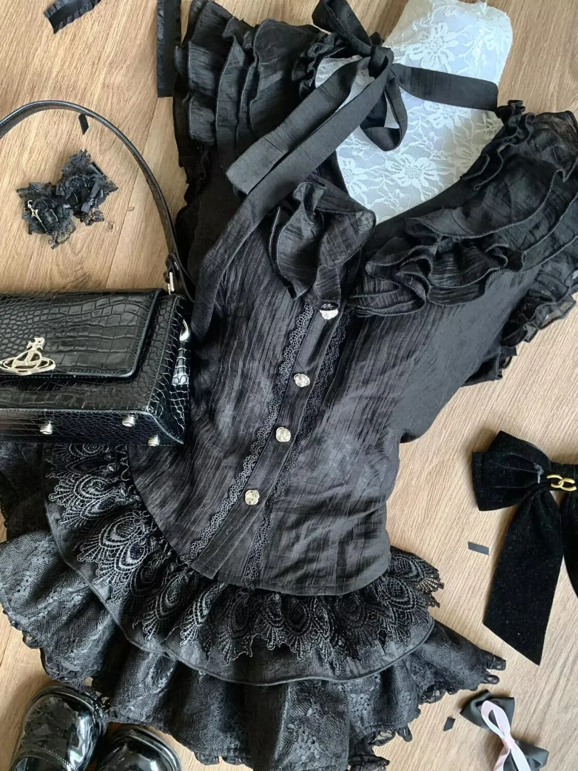 Summer Black Gothic 2 Piece Set Women Lace Ruffle Corset Top + Tiered Lace Cake Mini Skirt Women Y2K Grunge Aesthetic Outfit view 2