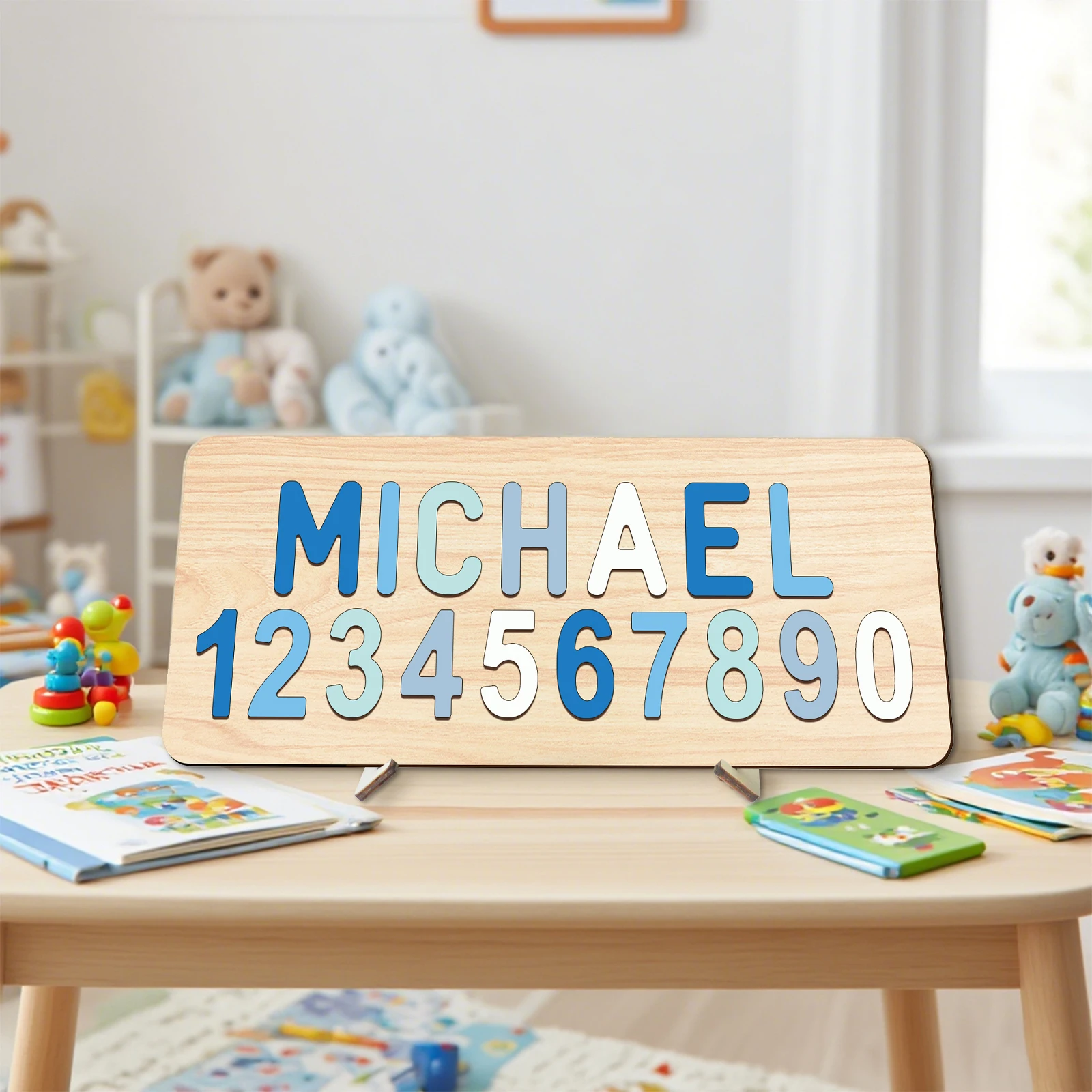 Puzzle d'éducation précoce pour enfants sur mesure : puzzle en bois avec lettres et chiffres. Personnalisé avec le nom de l'enfant pour une croissance intelligente.