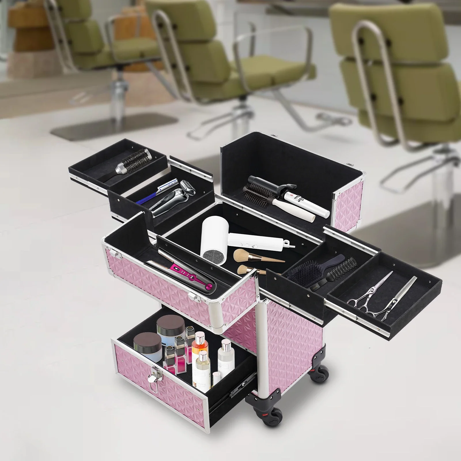 

20kg Al-alloy Rolling Makeup Train Case 4 Wheels 6 Compartments Portable Cosmetic Trolley w/3-Gear Pull Rod for Travel Organizer