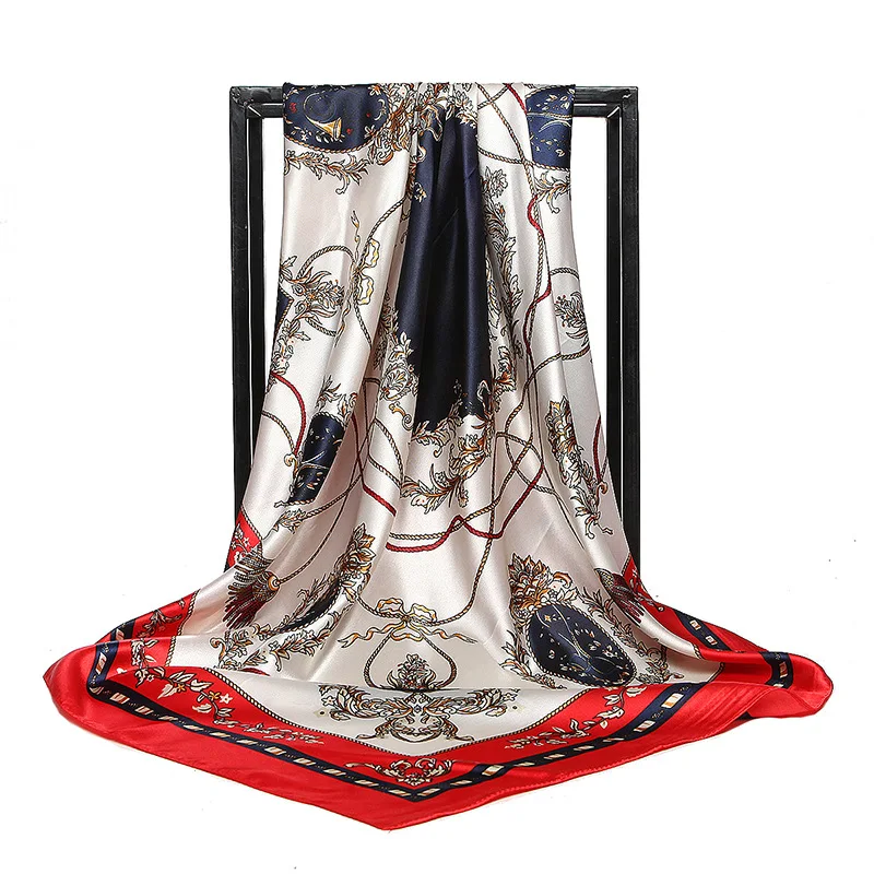 Grand Foulard carré en soie pour femmes, 90x90cm, élégant, de marque de luxe, châles, écharpe en sergé, Hijab en Satin