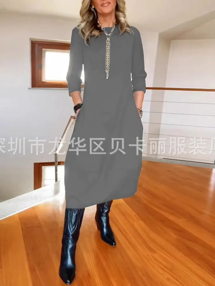 ฤดูใบไม้ร่วงสบายๆหลวมชุดสตรีแขนยาว O-คอเสื้อยืดชุดแฟชั่น Elegant สีทึบชุด Office Lady ชุด