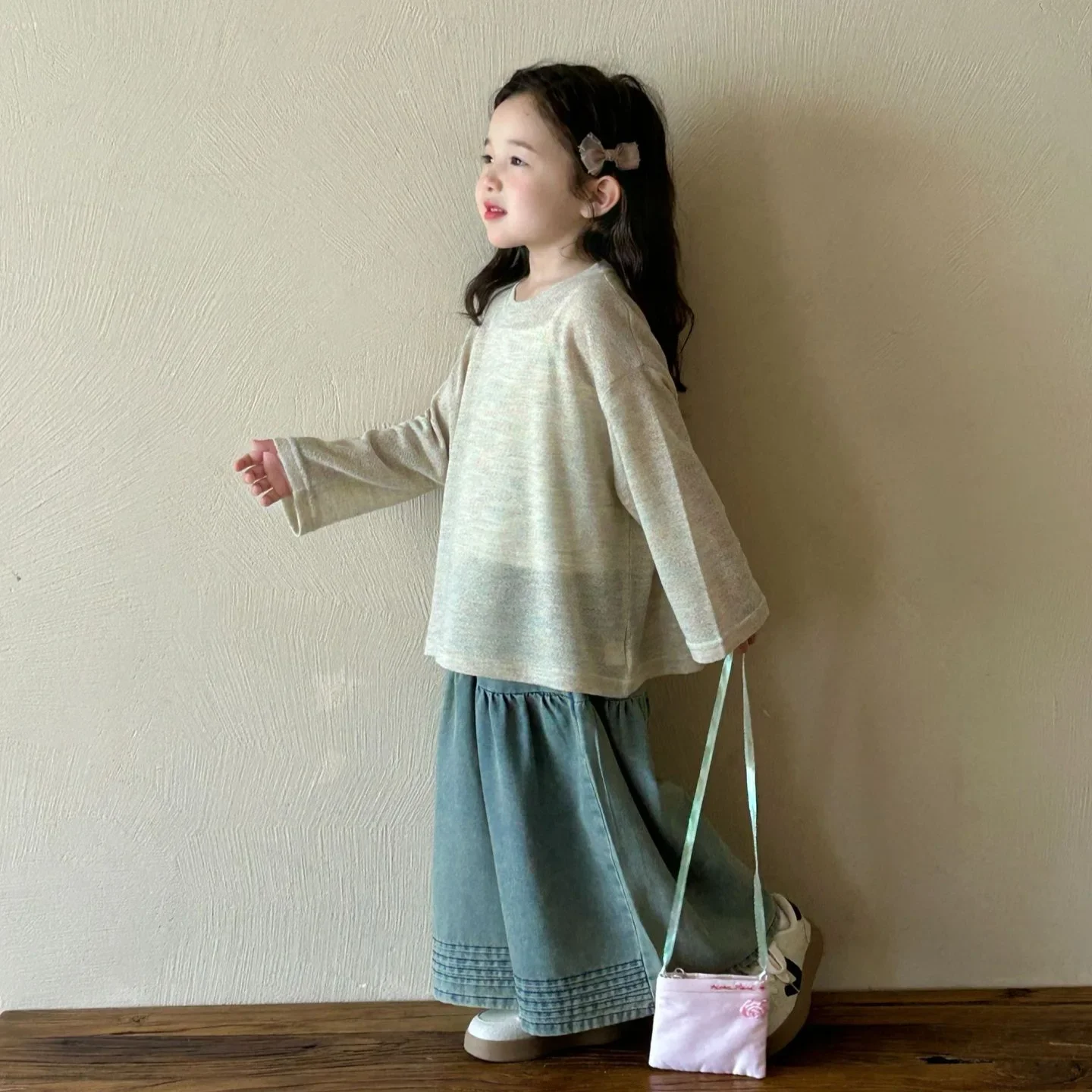 

Long Sleeved T-shirt Vest Wide Leg Pants 2025 Spring New Korean Solid Color Round Neck T-shirt Vest Denim Wide Leg Pants