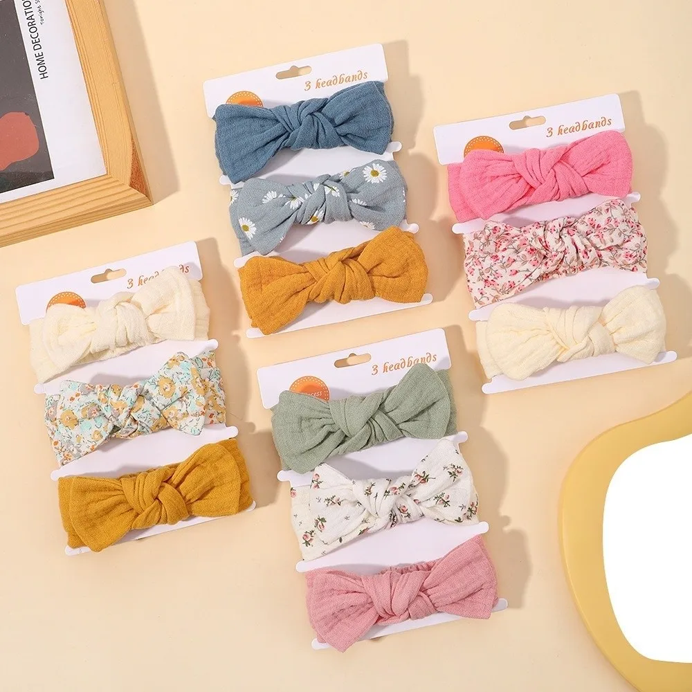 3Pcs/Set Cotton Baby Headband Set Elastic Band Bow Knot Design Baby Girl Headwrap Rainbow Print Knit Fabric Kids Headwear Set