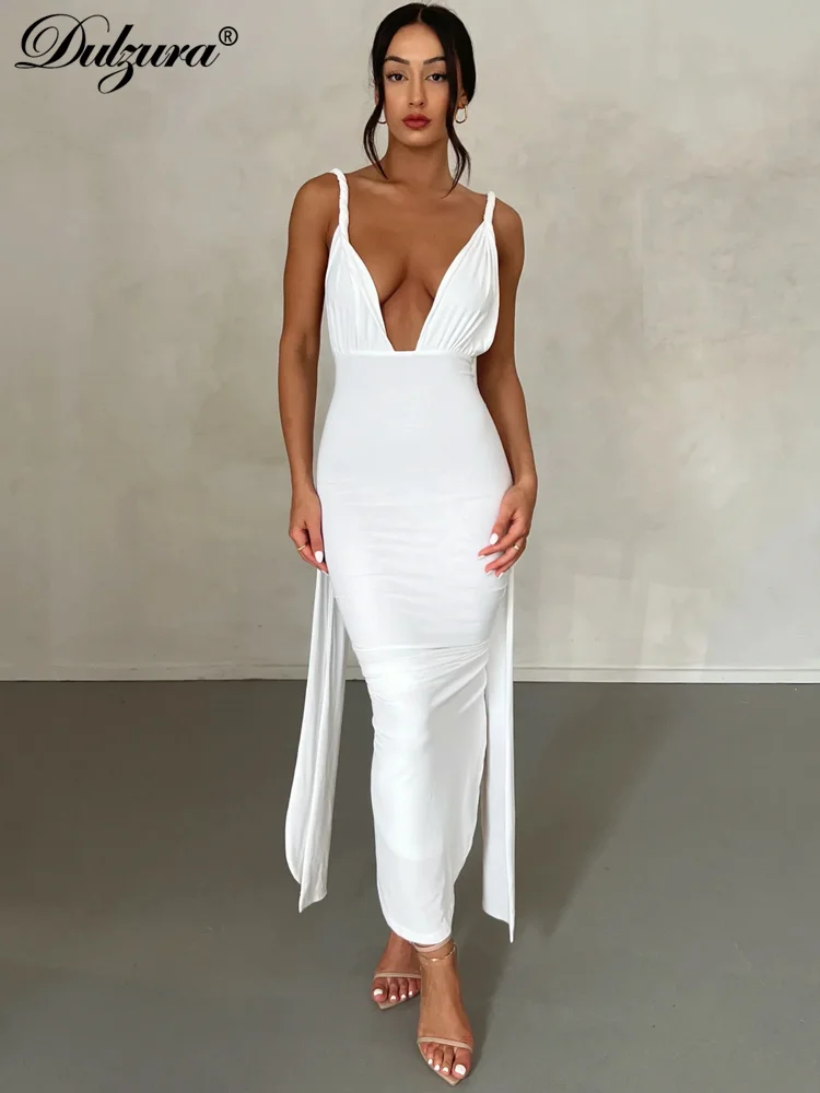 Dulzura Solid V Neck Backless Ruched Maxi Dress Bandage Sleeveless Bodycon Sexy Party Elegant Outfit Streetwear Birthday Evening