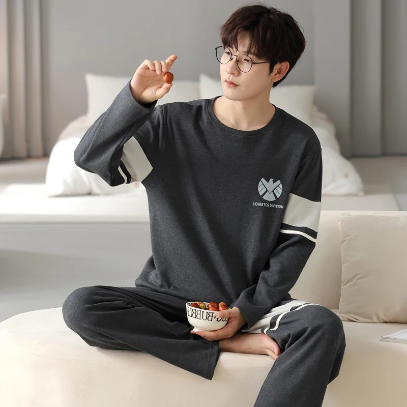 Letter Print Cotton Sleepwear for Men Autumn and Spring Pajamas Set Big Size L-3XL Pjs Pyjama Male Home Clothes Young Boy Pijama