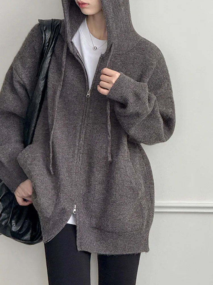 WHTREND خريف شتاء جديد الكورية نمط فضفاض تنوعا مقنعين سستة جيب الأغنام الصوف محبوك سترة معطف WH2039 #2