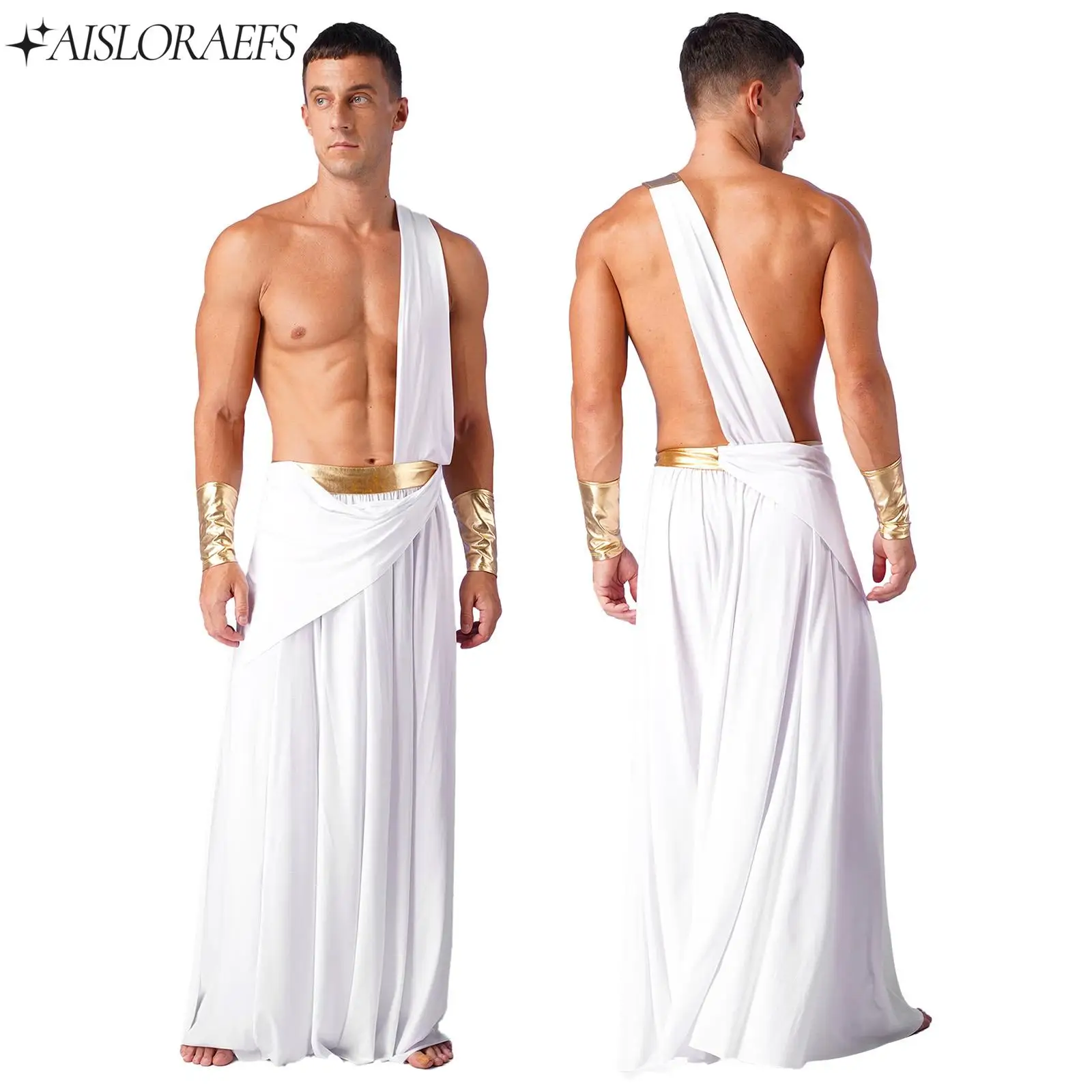 

New Mens Ancient Greek Cosplay Costume Long Skirt with Wristbands One Shoulder Strap Roman Toga Halloween Greek Warrior Costumes
