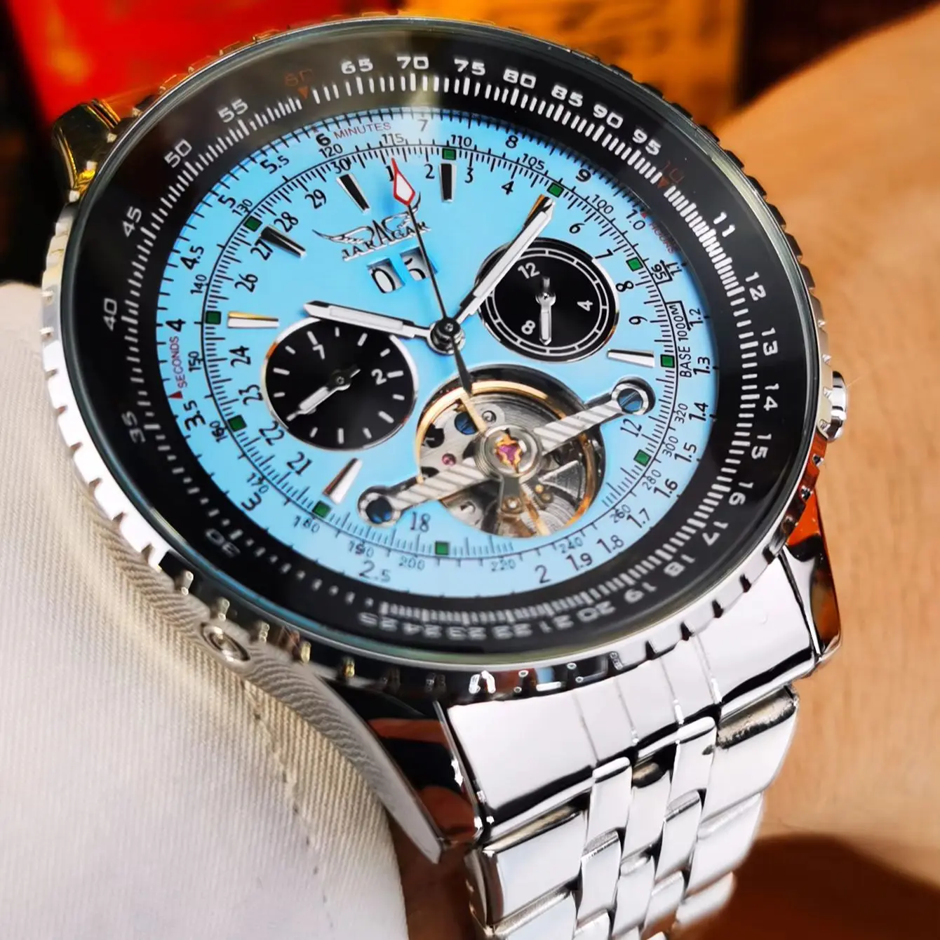 JARAGAR Sports Tourbillon Watch for Men Date Display Calendar Steel Leather Strap Fashion Luxury Automatic Mechanical Watches