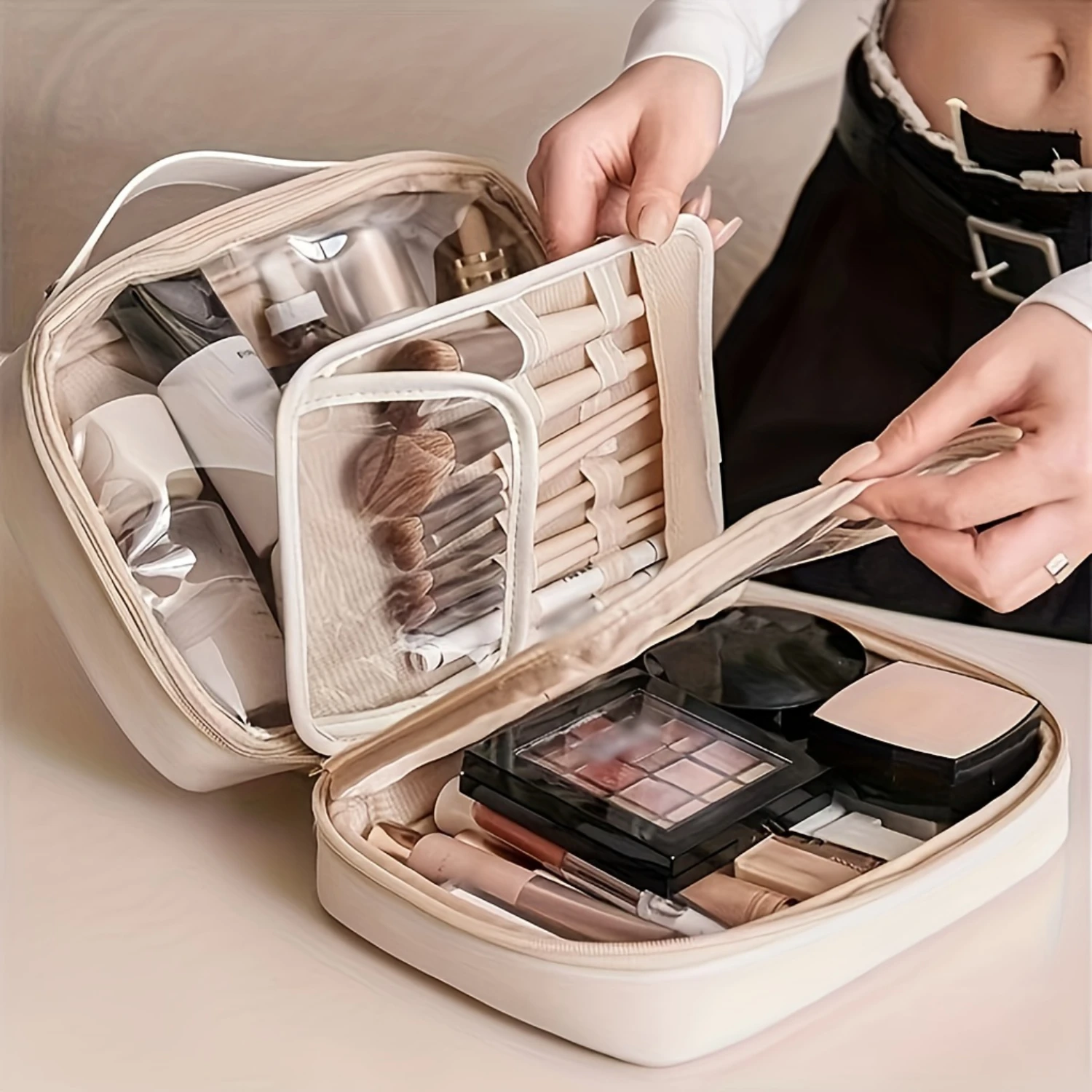 Travel Makeup Bag - PU Leather Double Layer Make Up Bag Clear Cosmetic Bag With Zipper, Large Makeup Bags For Women Cosmetic Toi