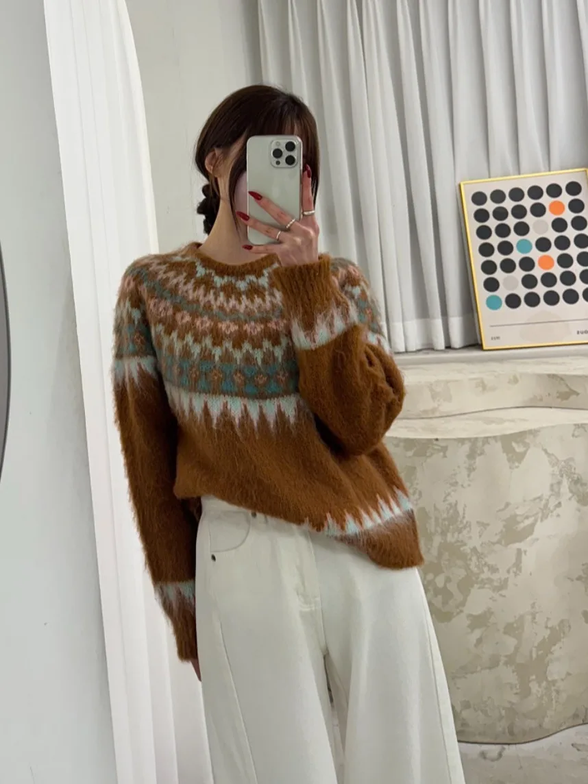 

Chic Autumn Winter Diamond Color Blo Sweater Women's Faionable Retro Nordic Lazy Sle Commute Regular Fit Medium Softn
