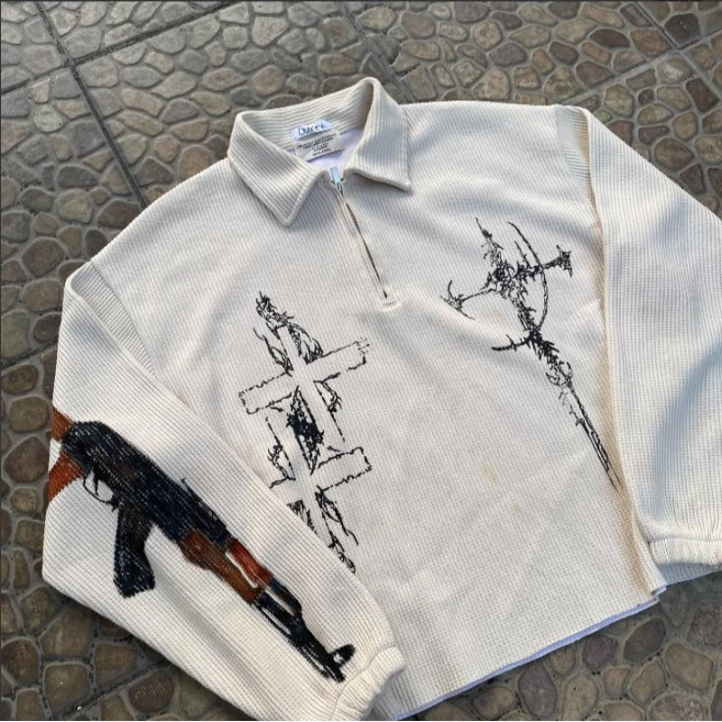 Y2K white long sleeved shirt, distressed retro V-neck shirt, Harajuku men's skull, holy wrist, skull print top, fashionable Goth