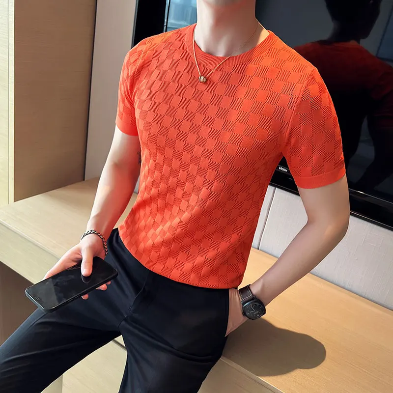 2023 Brand Clothing Men's Summer Casual Short Sleeve T-shirt/Male Slim Fit Plaid Fashion Knit T-Shirts Tees Plus Size S-4XL