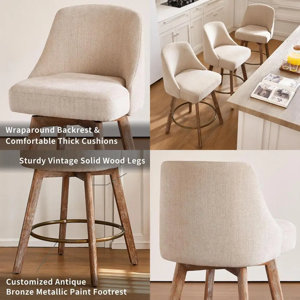 Swivel Bar Stools Set of 2 with Solid Wood Legs, 26 High, Sand Linen Fabric, 360° Rotation