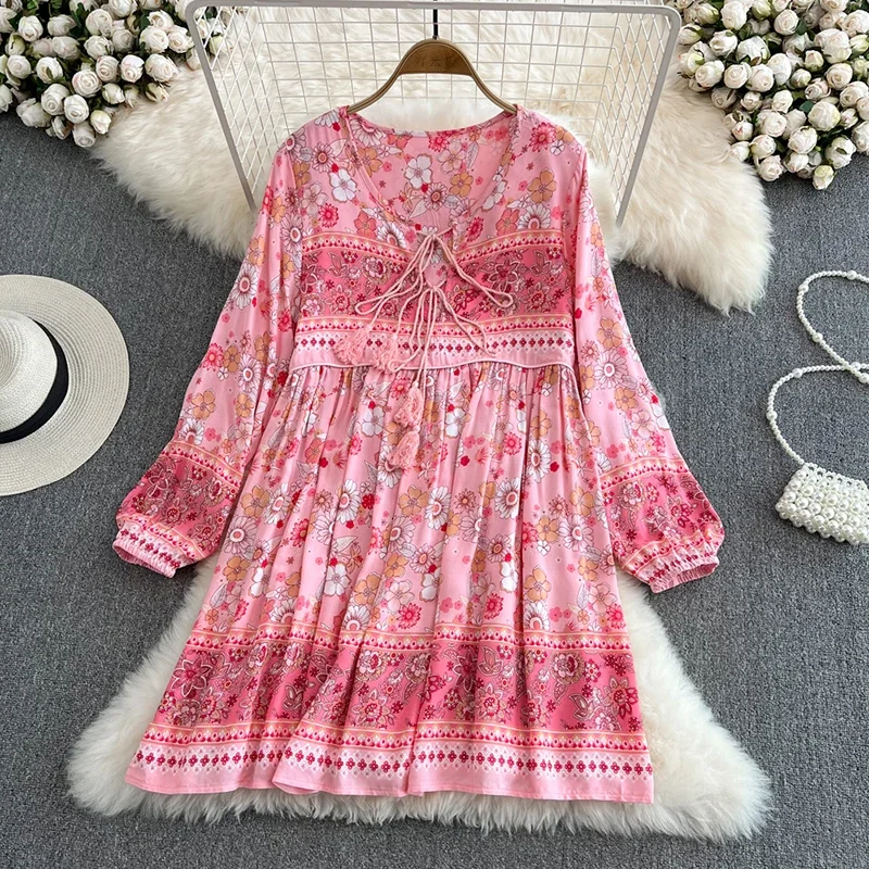 Vestido de manga larga con estampado de bosque Pastoral para mujer, vestido bohemio de algodón, borla suelta, primavera y verano, GD647