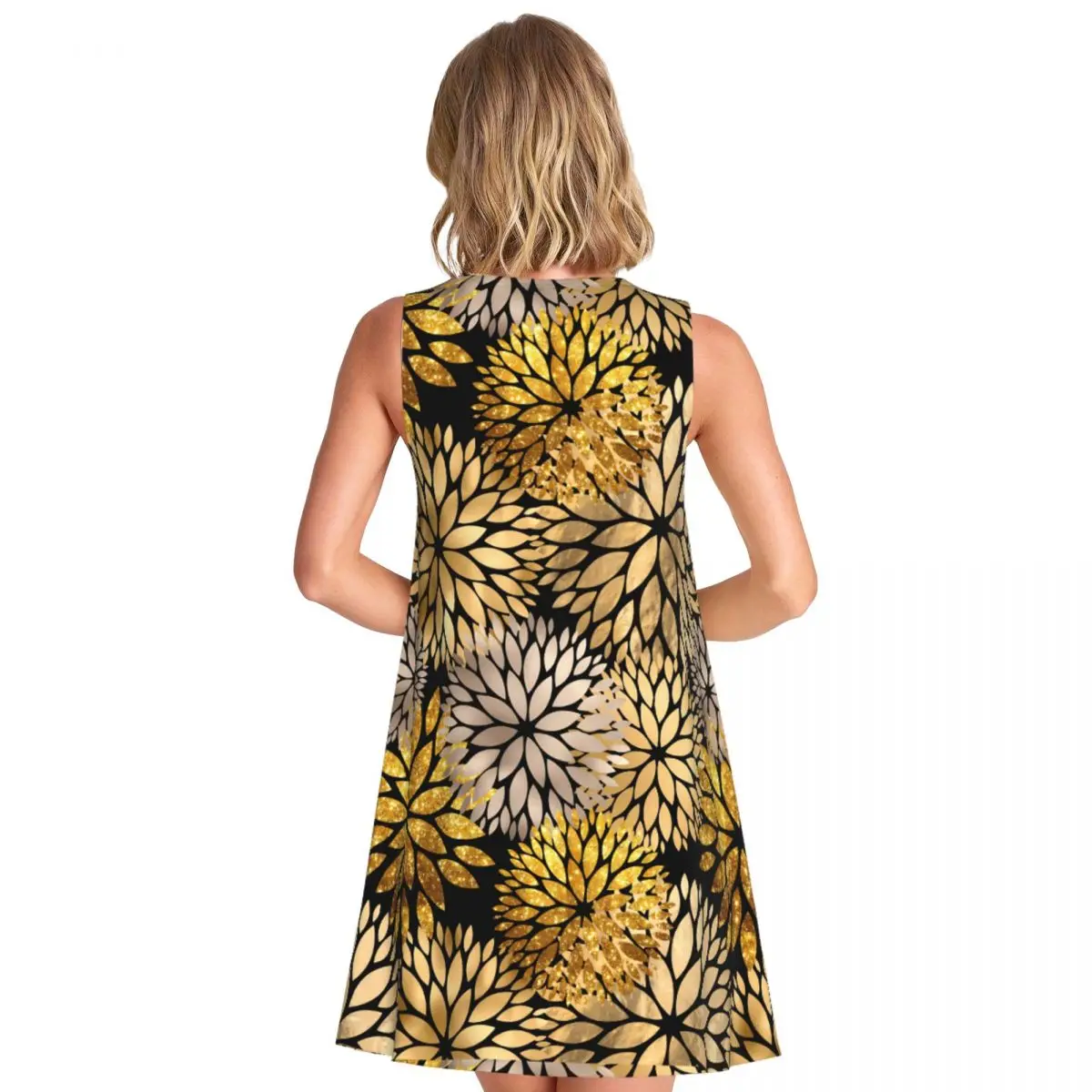 Gold Floral Print Casual Dress Modern Flowers Sleeveless Boho Beach Dresses Women O Neck Basic Dress Date Pattern Vestido Gift