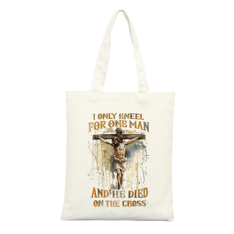 Religious Cross Graphic Canvas Tote Bag with Typography Print, Ideal for Casual Daily Use and Church Outings
