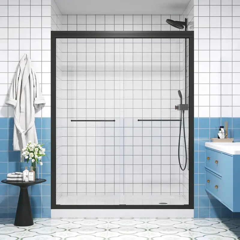 

Half Frameless Double Sliding Shower Door, SGCC Certified 1/4" (6mm) Tempered Glass, Safety Film, Matte Black Finish,