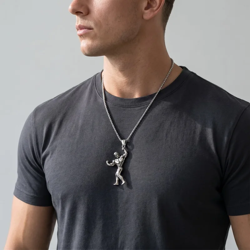 Kalen Vintage Stainless Steel Bodybuilder Muscle Pendant Necklace for Men Metal Gym Fitness Sports Jewelry Hip Hop Workout Gift