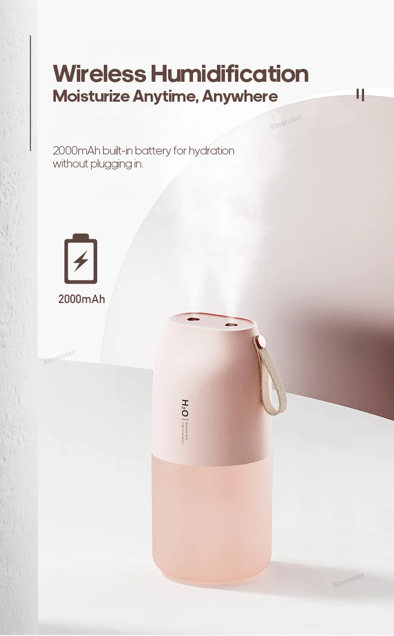 Cordless Rechargeable Air Humidifier 2000mAh Wireless Cool Mist Diffuser Car Home Ultrasonic Humidifier with Warm Nightlight
