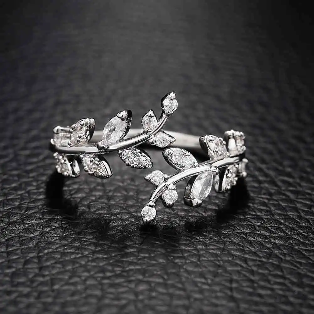 Huitan Fancy Leaf Design Adjustable Opening Rings for Women Sparkling Cubic Zirconia Olive Ring Party Daily Wear Fashion Jewelry