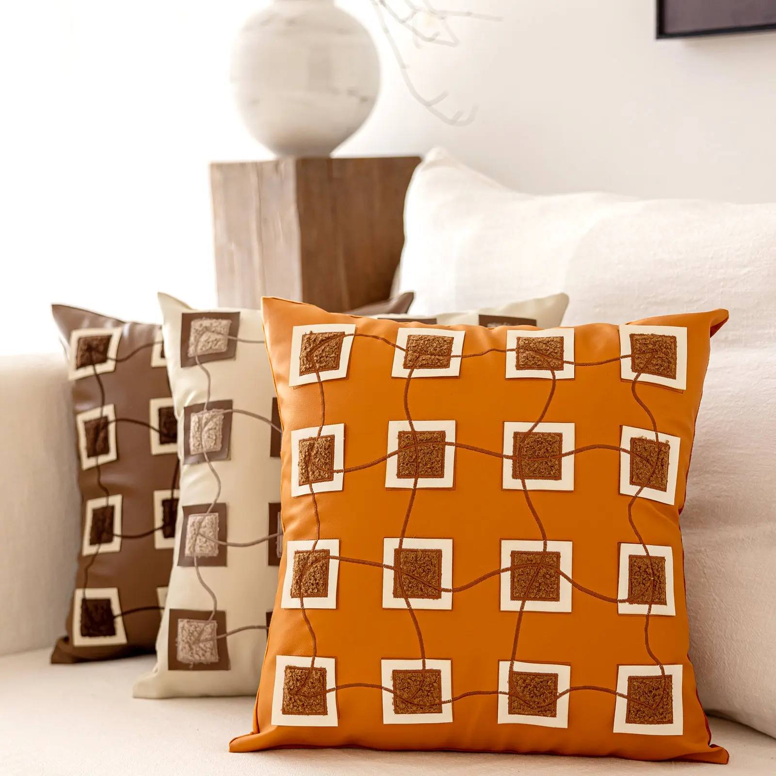 45X45CM Modern Orange Throw Pillow Cover Plaid Leather Stamping Waist Cushion Cover Decor Home Decorative Pillowcase