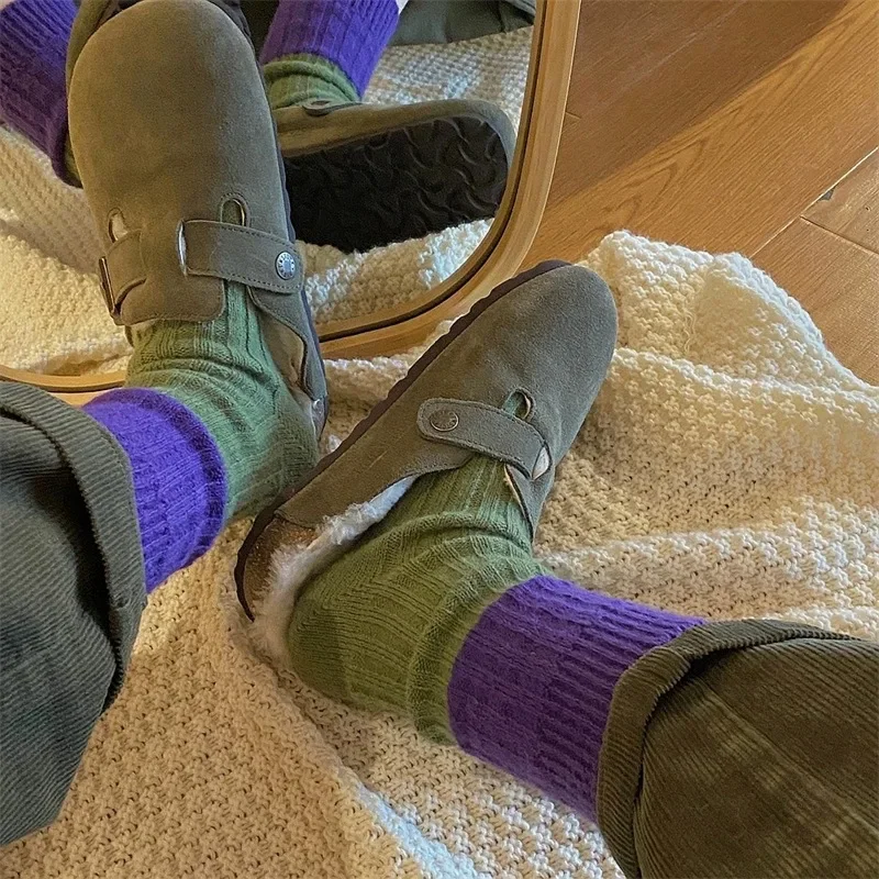 

Korean Style Women's Thickened Mid-Calf Wool Socks Autumn Winter Color Block Warm Retro Outdoor Wear Short Socks Calcetines 양말