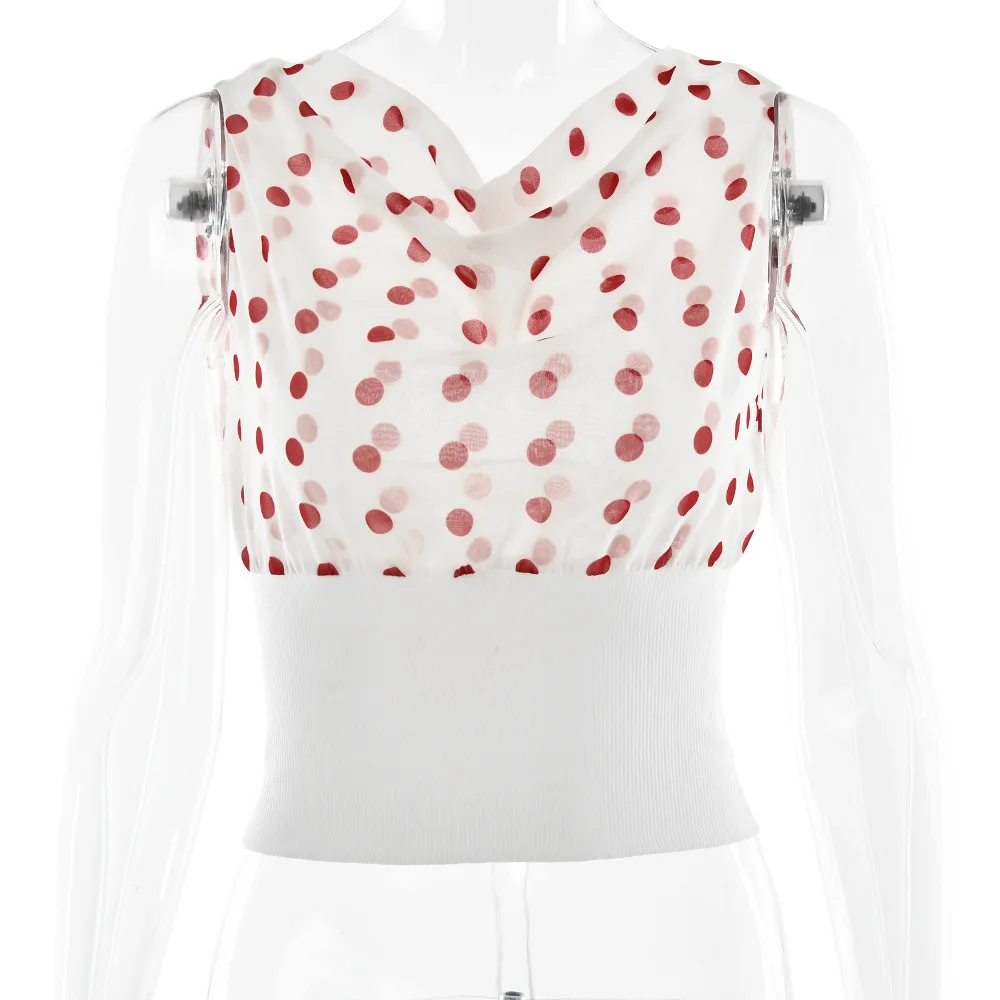 New Style Hot Girl Polka Dot Chiffon T-Shirt Sexy Patchwork Backless Tie Waist Slim Fit Top