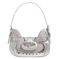 Half Moon Y2k Underarm Bags for Women Gothic Silver Patchwork Harajuku Fashion Handbag Niche Designer Cool Girls Shoulder Bag