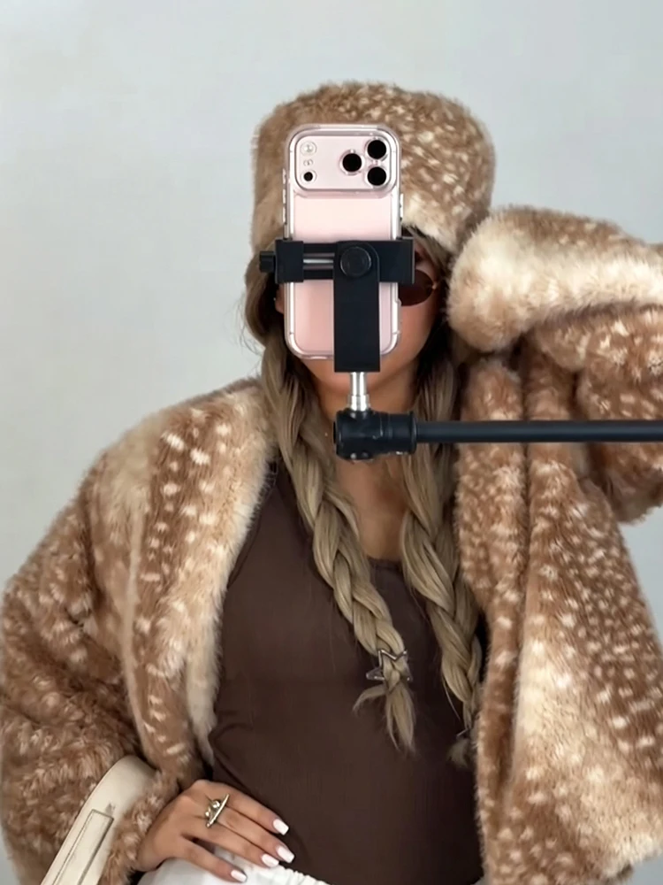 Deer Spot Print Faux Fur Cropped Jacket Women V Neck full Sleeve Loose Cardigan Coat Cute Chic Outwear Autumn Winter Lady Coats