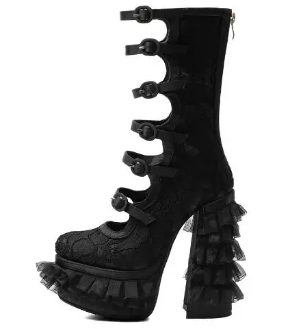 Gothic Black White Lace Multi Buckle Cutout Platform Mid Calf Boots Women Ruffle Tulle Fringe Lolita 15 CM Chunky Heels Booties
