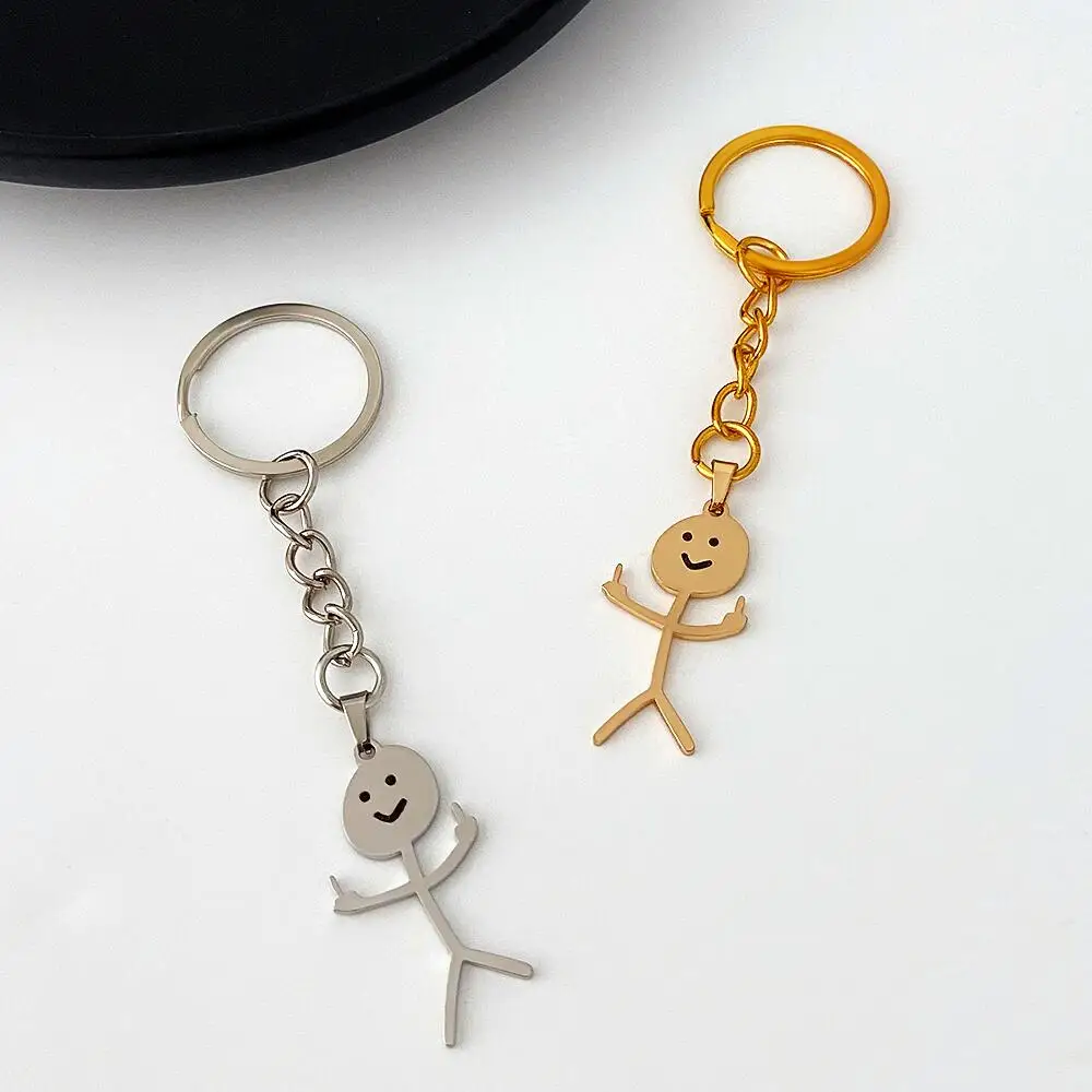 2023 Funny Middle Finger Stickman Keychain Cute Trend Titanium Steel School Bag Car Key Pendant Couple New Trinket Gift Keyrings