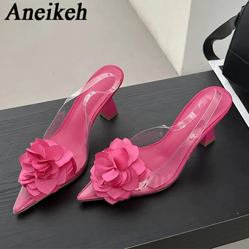 Aneikeh 2024 Sexy Transparent PVC Pointed Slingbacks High Heels Women's Flower Decorative Single Shoes Wedding Dress Zapatos