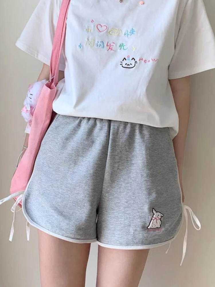 Deeptown Kawaii Sweet Streetwaer Shorts Women Japanese Fashion Striped Y2k Harajuku Rabbit Embroidery Shorts Pants Preppy Style