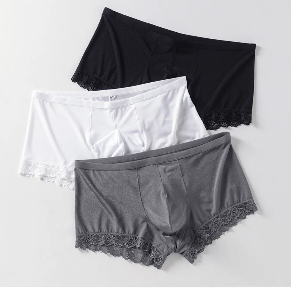 Mens Breathable Boxer Briefs Ice Silk Lace Trim Low Waist Underwear Large Pouch Comfortable Sexy Quick Dry Summer Shorts Trunks