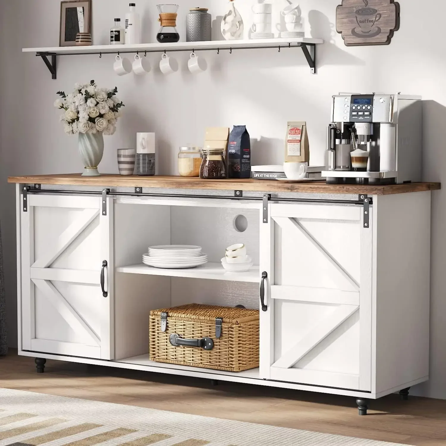 Armário buffet de 58 '' com porta deslizante de celeiro, mesa de bar de centro branca com pés de cabaça de madeira, mesa buffet para sala de jantar