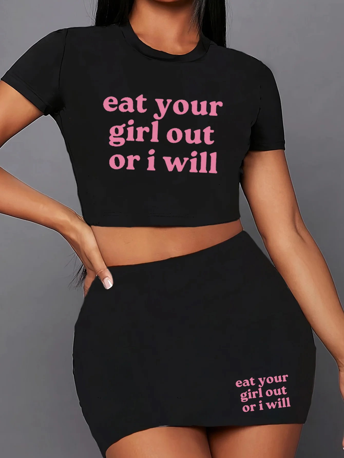 eat your girl out of i will letter print two piece set, short sleeve round neck t-shirt & skirts, women's clothing