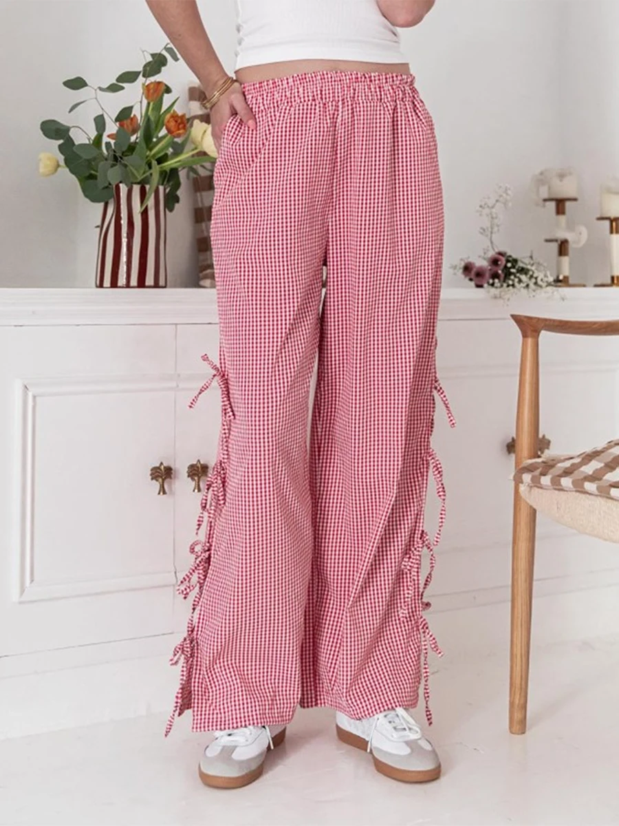 

Womens Striped Wide Leg Lounge Pants Y2K Side Tie-Up Loose Fit Elastic Waist Plaid Pinstripe Trousers Going Out Pants Streetwear