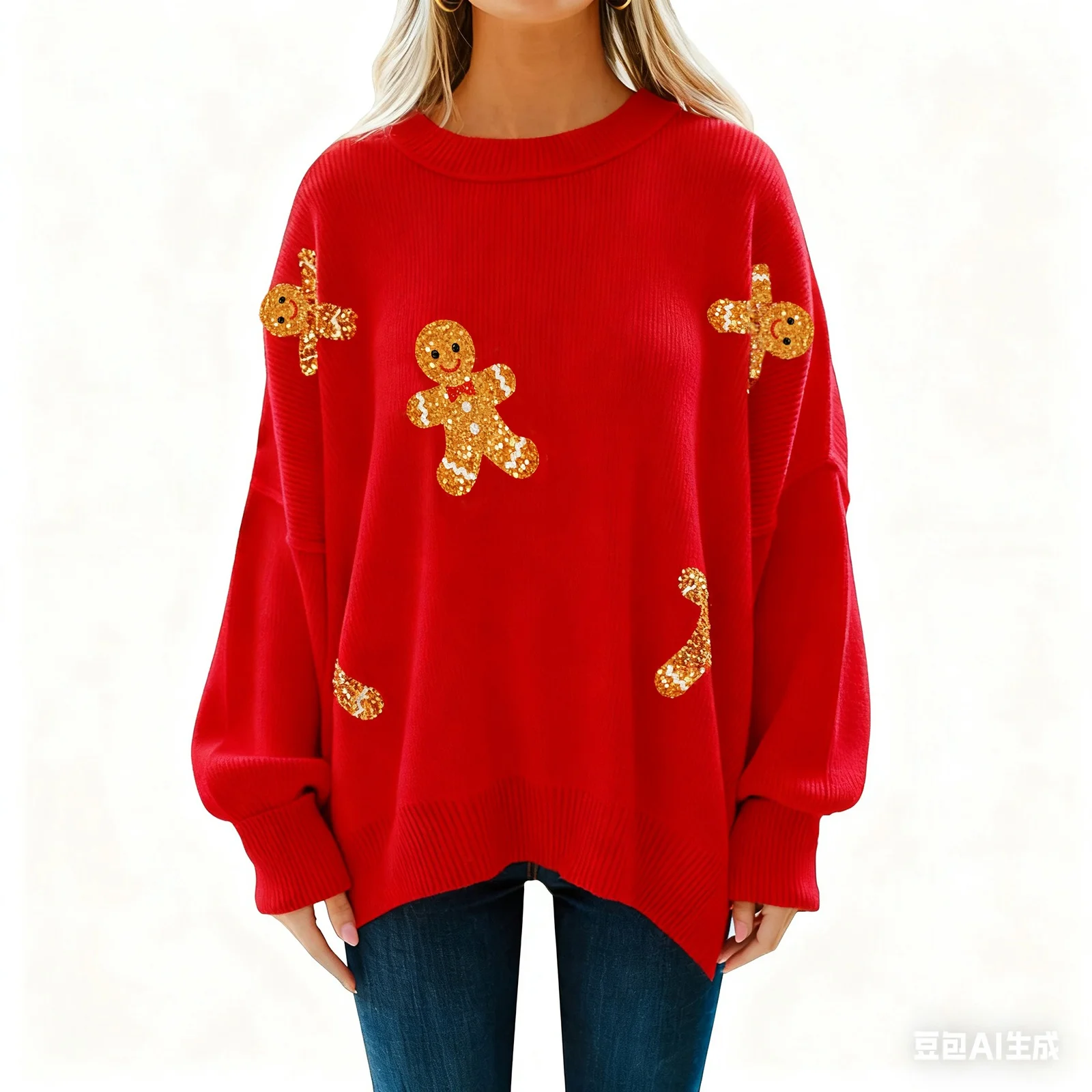 Women Christmas Sequin Knit Sweaters Loose Pullover Sweater Long Sleeve Crew Neck Top Funny Graphic Xmas Knitwear