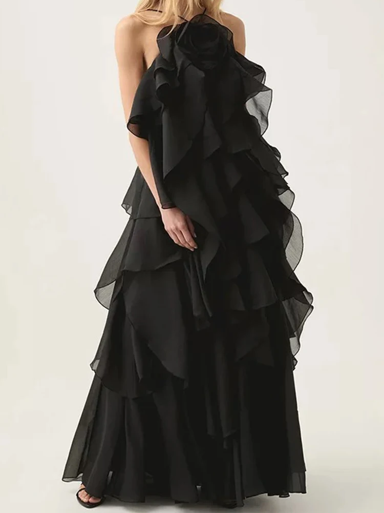 Temperamentnähte Rüschenkleid 2025, Sommerfrauen neues dreidimensionales Blumenkleid mit hängendem Hals, rückenfreiem Rüschenkleid