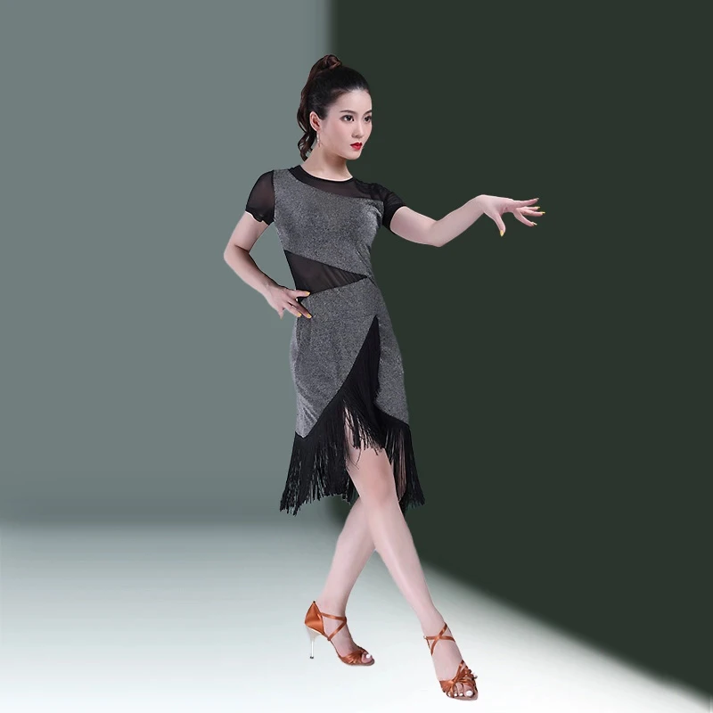 Sexy Latin Danskleding Vrouwen Zwarte Vrouw Pailletten Rok Jurk Met Franjes Samba Jurken Voor Prom Wear Line Pak Praktijk Rumba Gebruik