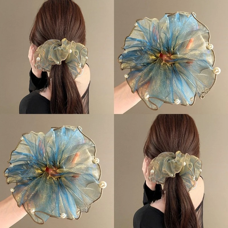 Blue Blush Organza Pearl Scrunchie, Flowing Bead French Style Hair Tie for Women, Elegant Fluffy Hair Ring with Rhinestone Beads