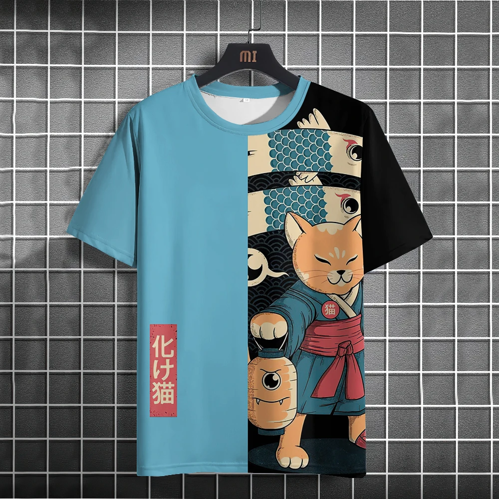 Cartoon Animal Men's T-Shirt Japanese Style Ukiyo-e Printing T-Shirts Casual Loose Short Sleeve Tees Oversized Men Clothing Tops