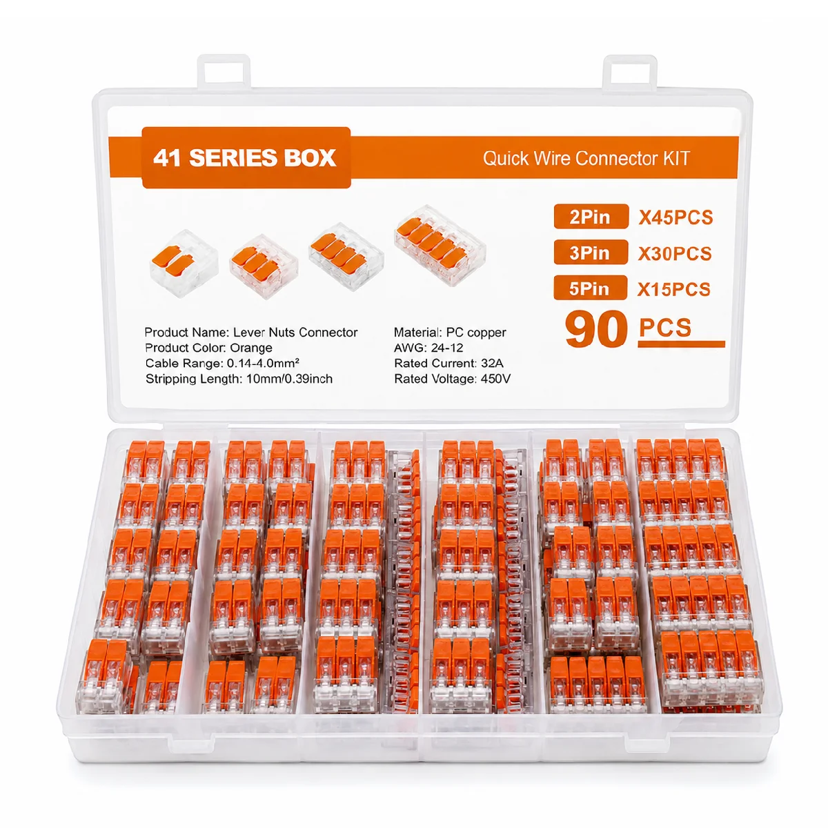 90 Pcs Wire Connector Assortment Pack Compact Splicing Connector Kit for Electrical Wires Solid Stranded Flexible Wires