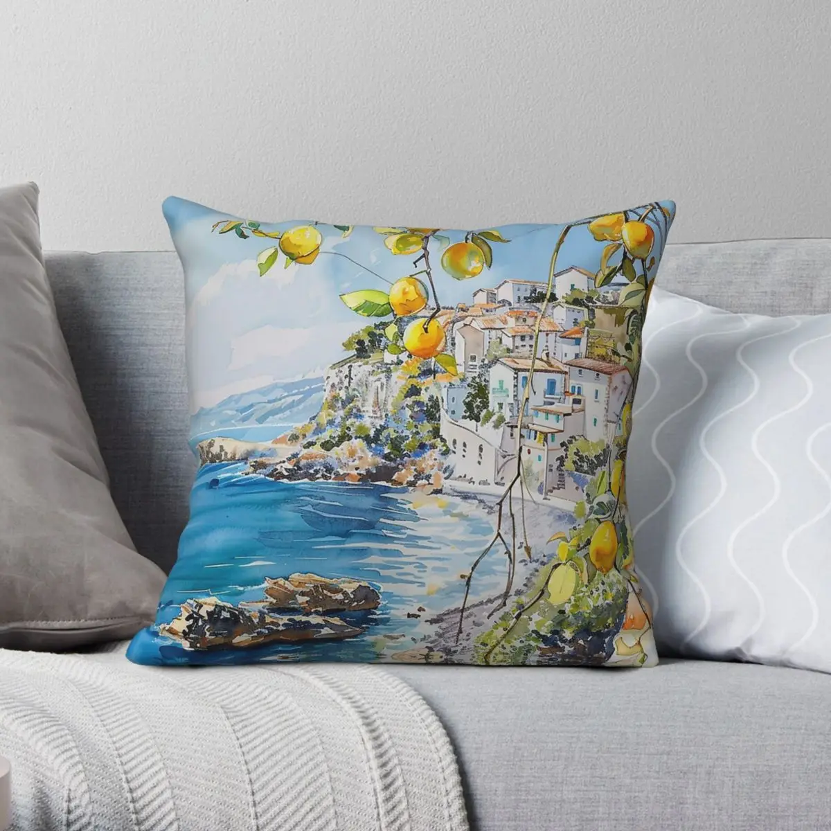 A Summer On Italian Coast Square Pillowcase Polyester Linen Velvet Printed Decorative Pillow Sofa Seater Cushion Cover 45x45