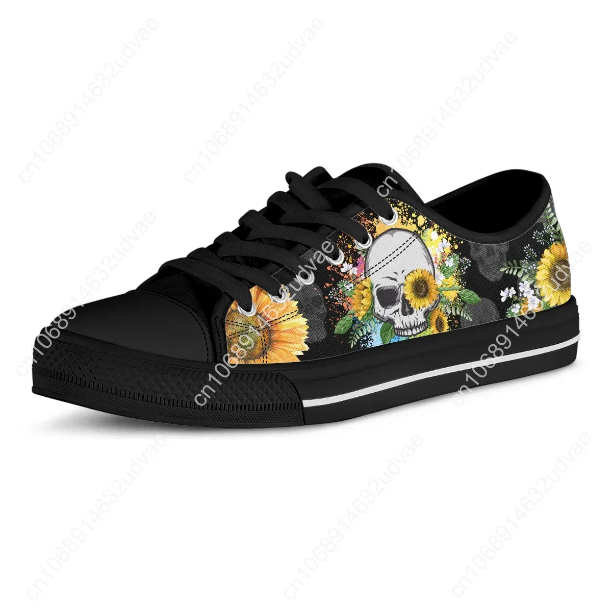 2023 Sunflower Skull Print Low-Top Canvas Shoes Women's Shoes Retro Girls Floral Sneakers Luxury Vulcanized Shoes Women