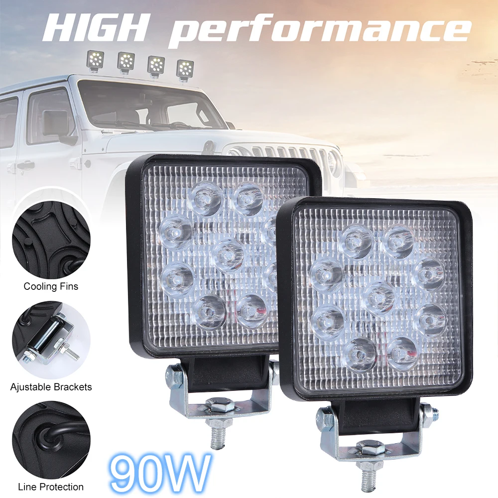 

2pcs Car LED Work Light Offroad 90W 6000K 9000LM Square Waterproof Spot LED Work Light 12V 24V for Off Road Boat Truck Headlight