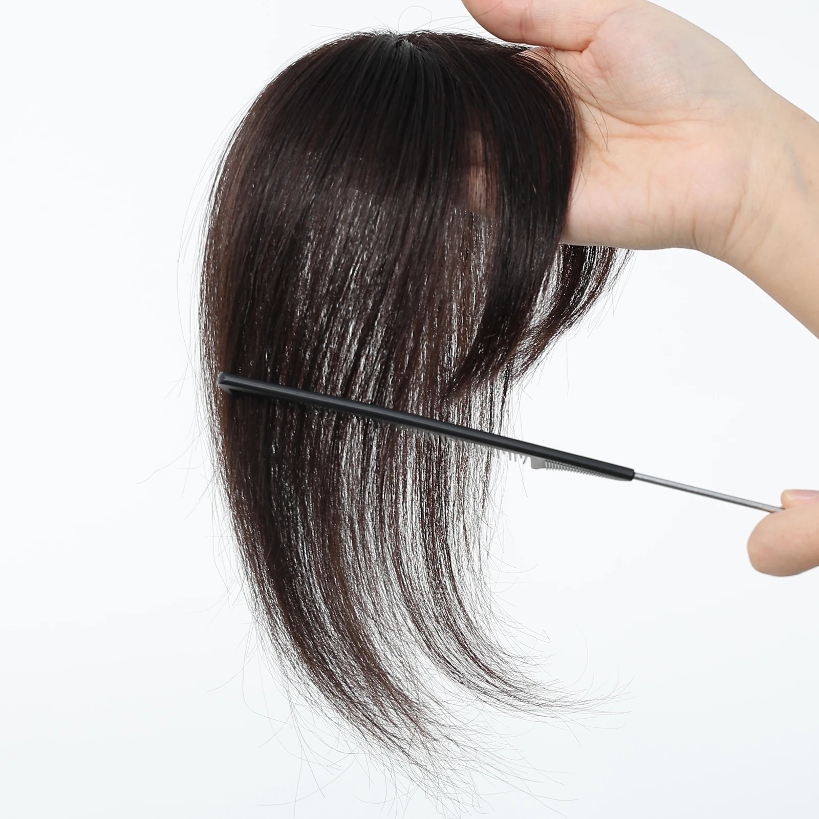 10 Inch Natural Black 100% Human Hair Topper with Bangs Straight Clip in Hairpiece for Women Thinning Hair Toppers image 6
