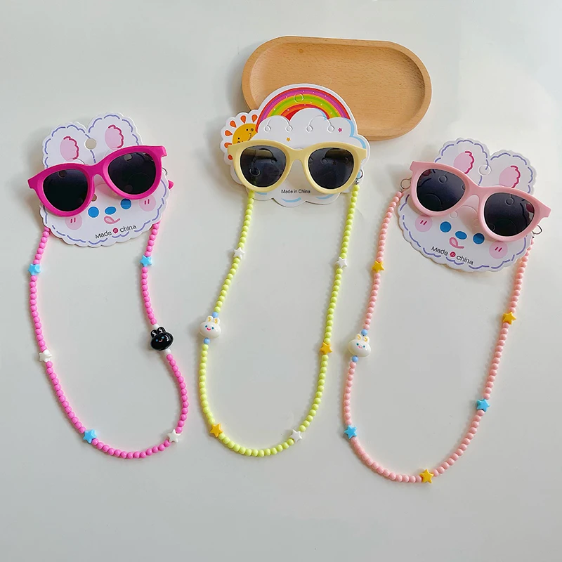 2Pcs/Set Spring Summer Kids Cat Eye Sunglasses Kawaii Fashion Sunscreen Eyeglasses With Eyeglass Chains Outdoor Children Eyewear